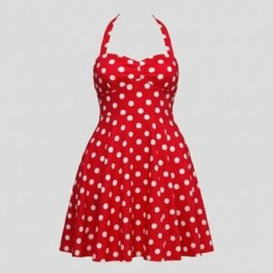 Womens Plus Size Red Polka Dot Halter Dress 2X Retro Inspired Rockabilly Pin Up